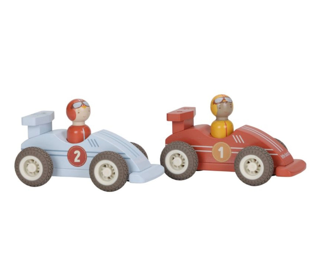 Set de 2 voitures de courses en bois à rétrofriction - Bleu et Rouge - Little Dutch