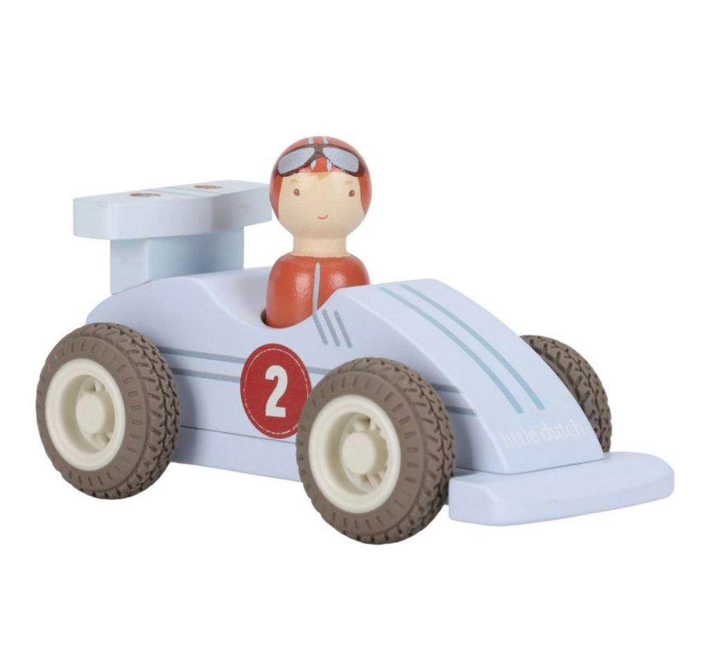 Set de 2 voitures de courses en bois à rétrofriction - Bleu et Rouge - Little Dutch