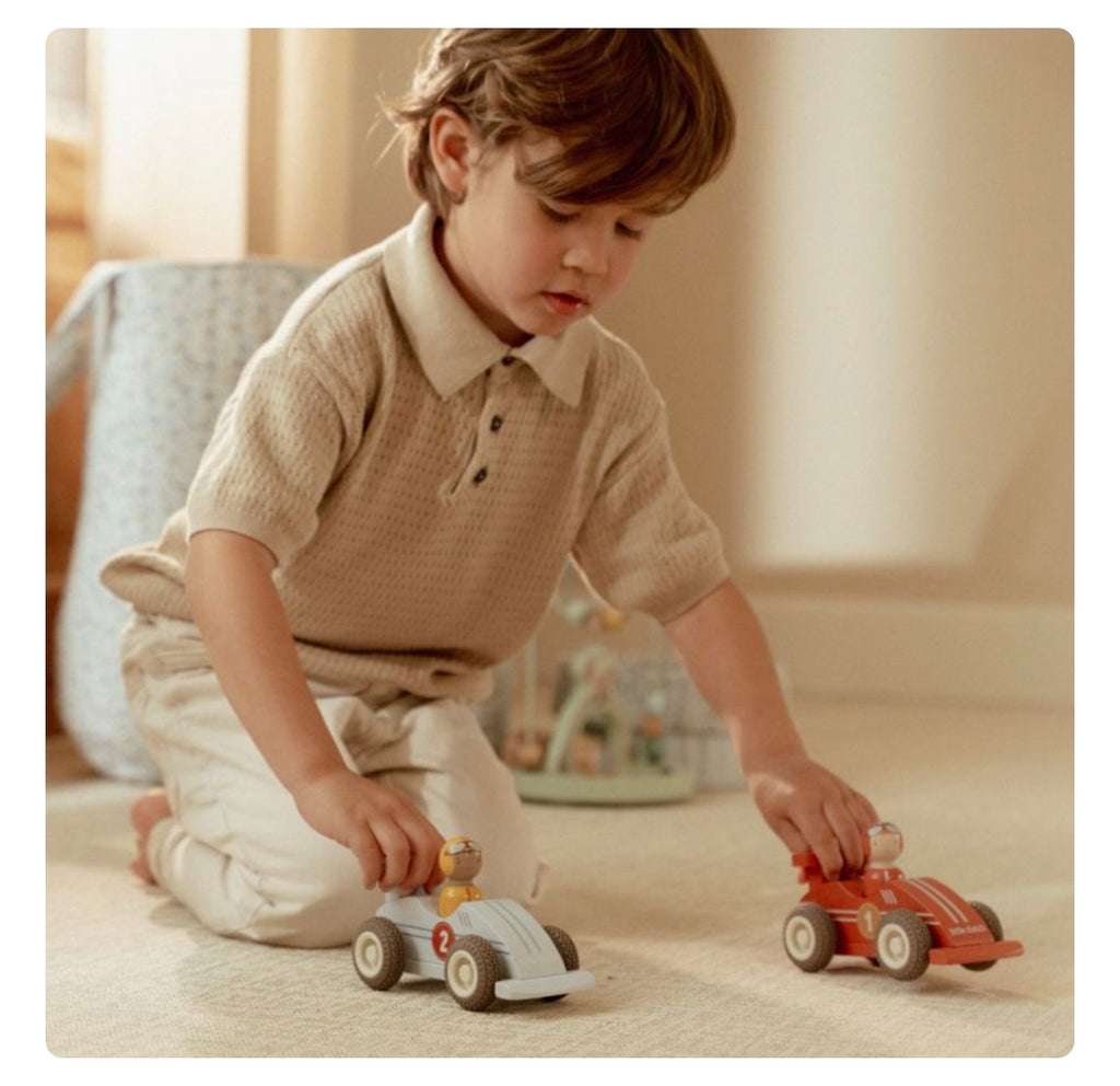 Set de 2 voitures de courses en bois à rétrofriction - Bleu et Rouge - Little Dutch